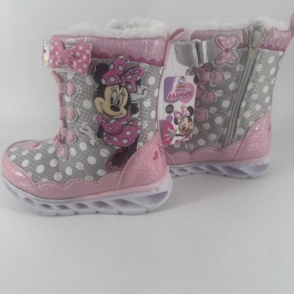 Disney Junior Minnie Mouse Light Up Boots Size 8 Faux Fur Polkadot Pink /Gray - Picture 1 of 13